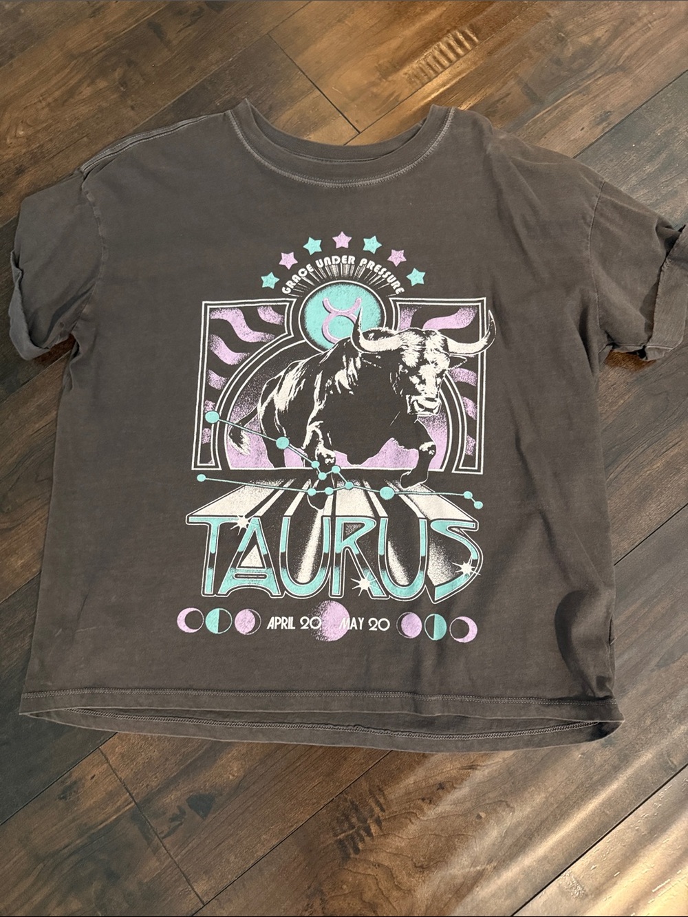 Taurus Graphic Tee  - washed black/gray with Pastel Accents Women’s S